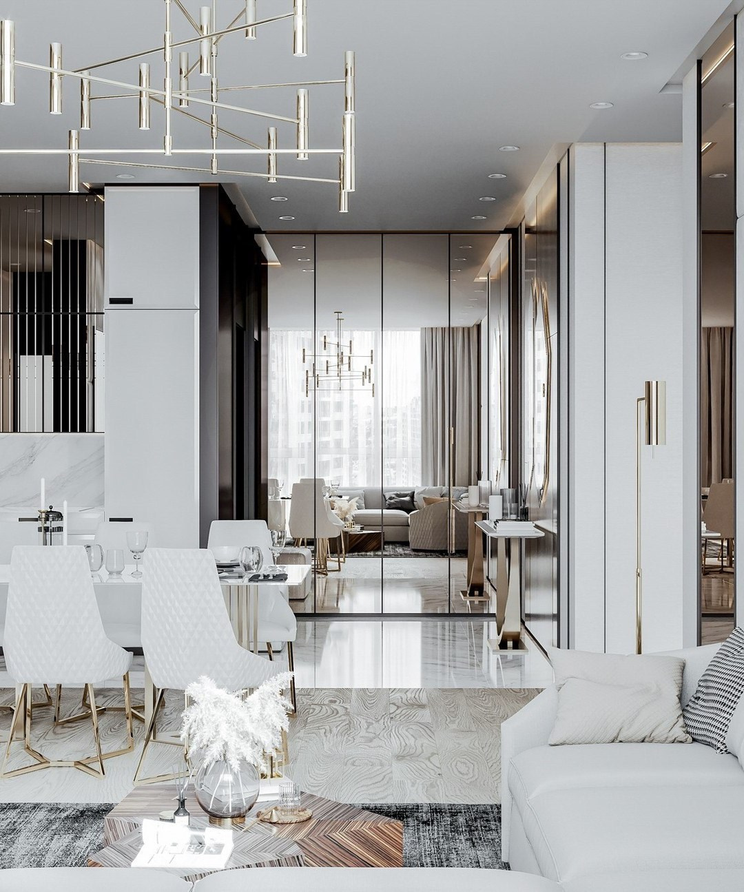 Современная гостиная-столовая в светлых тонах с люстрой и белыми стульями | Валерия Котович