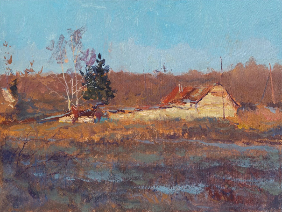 Деревня на закате. Художник Александр Каверин