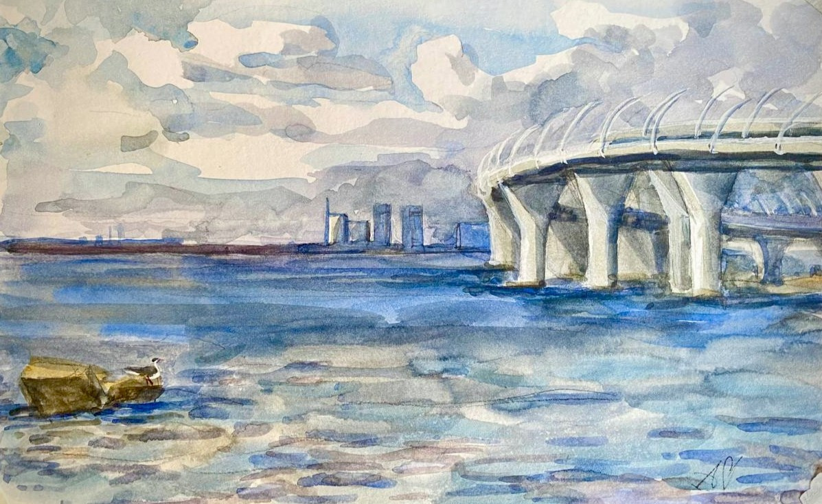 "Вид на ЗСД с Канонерского острова", акварель, 2024