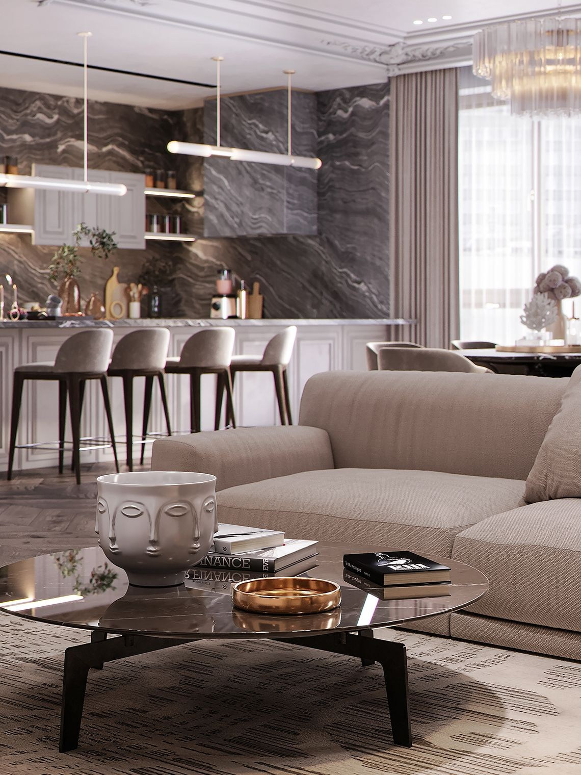 Панорамные окна Turandot Residences открывают вид на МИД, Старый Арбат и Москва-Сити . Наша задача — не перекрыть эту роскошь, а дополнить. Современная классика с лаконичными буазери, светлыми тонами и скрытыми системами хранения. Интерьер, который не спорит с видом, а обрамляет его.