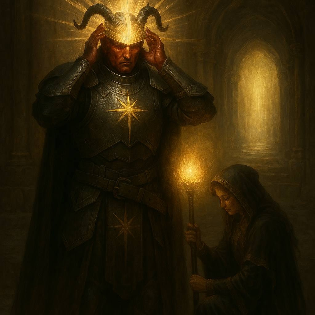 Тёмный воин с рогами надевает шлем, рядом колдунья с факелом в древнем храме.