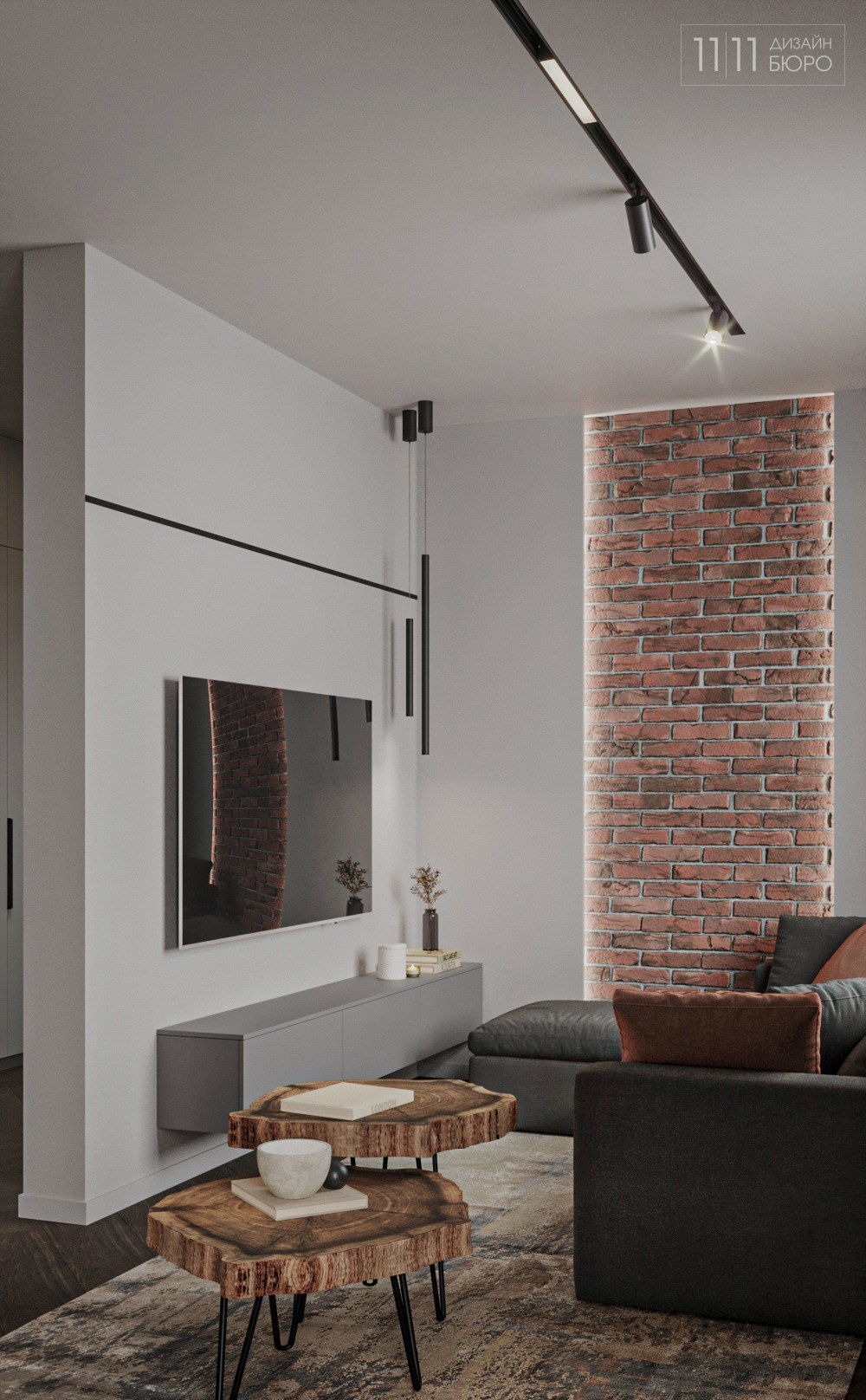ТВ-зона с кирпичной стеной