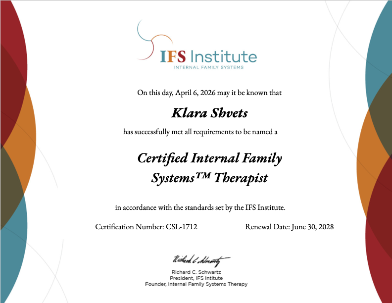 Клара Швец — сертифицированный IFS-терапевт, супервизор. Психотерапия, супервизия, обучение IFS