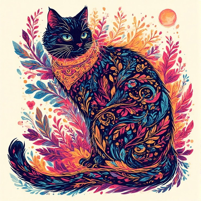 Creative illustration of a black cat – decorative drawing with bright plant patterns in orange and blue tones, fantasy-style art.