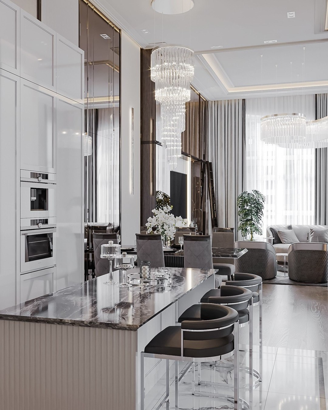 Кухня-столовая с мраморной столешницей и барными стульями — проект Валерии Котович