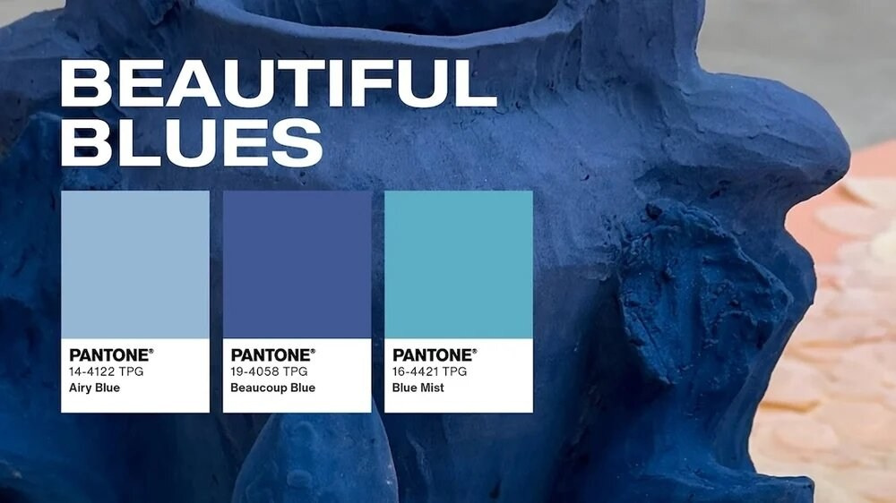 Beautiful Blues - Airy Blue (14-4122 TPG), Beaucoup Blue (19-4058 TPG), Blue Mist (16-4421 TPG).