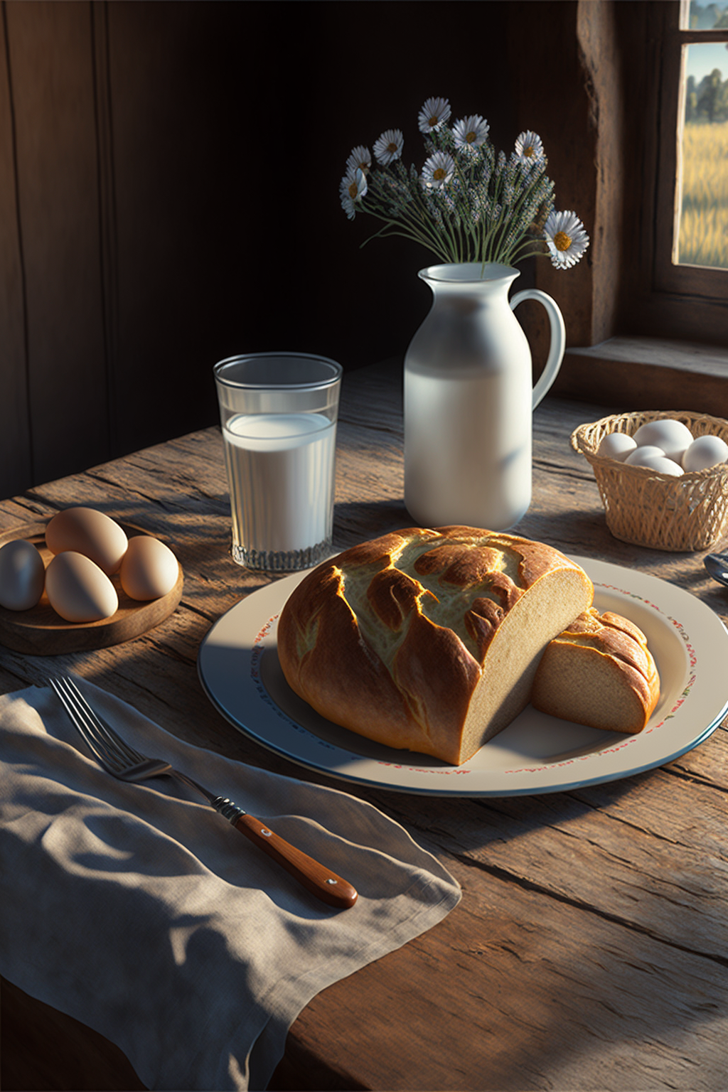 Молоко и хлеб в деревенском доме у окна