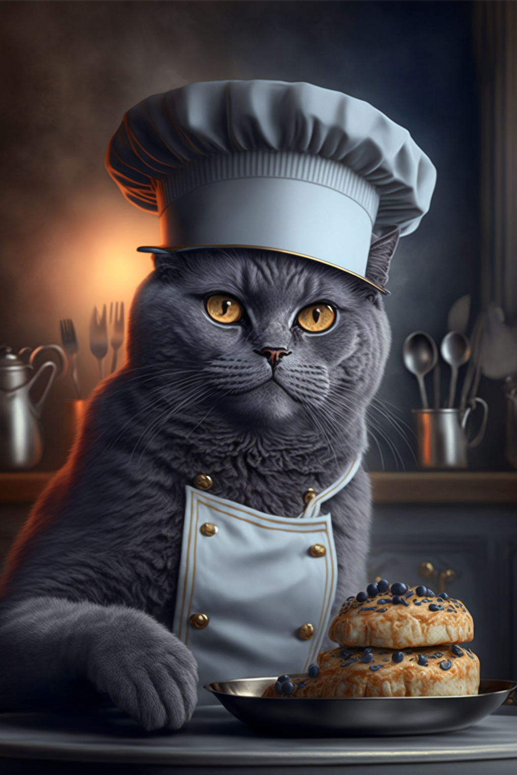 Британская кошка готовит  в поварском колпаке