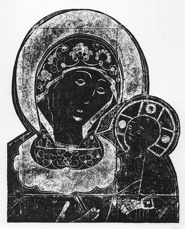 Авторская гравюра на тетрапаке Богородица с младенцем, ручная печать на бумаге Ватман Гознак.