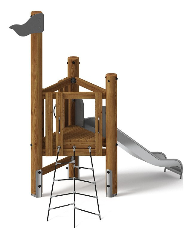 Игровой комплекс (лиственница темный) ДИК 1.24.03-Л.И1.01 Габариты (ШхДхВ): 1750х3300х2950 Зона безопасности, мм: 4815х6640 Высота падения 900 мм. Возрастные ограничения от 3 до 7 лет