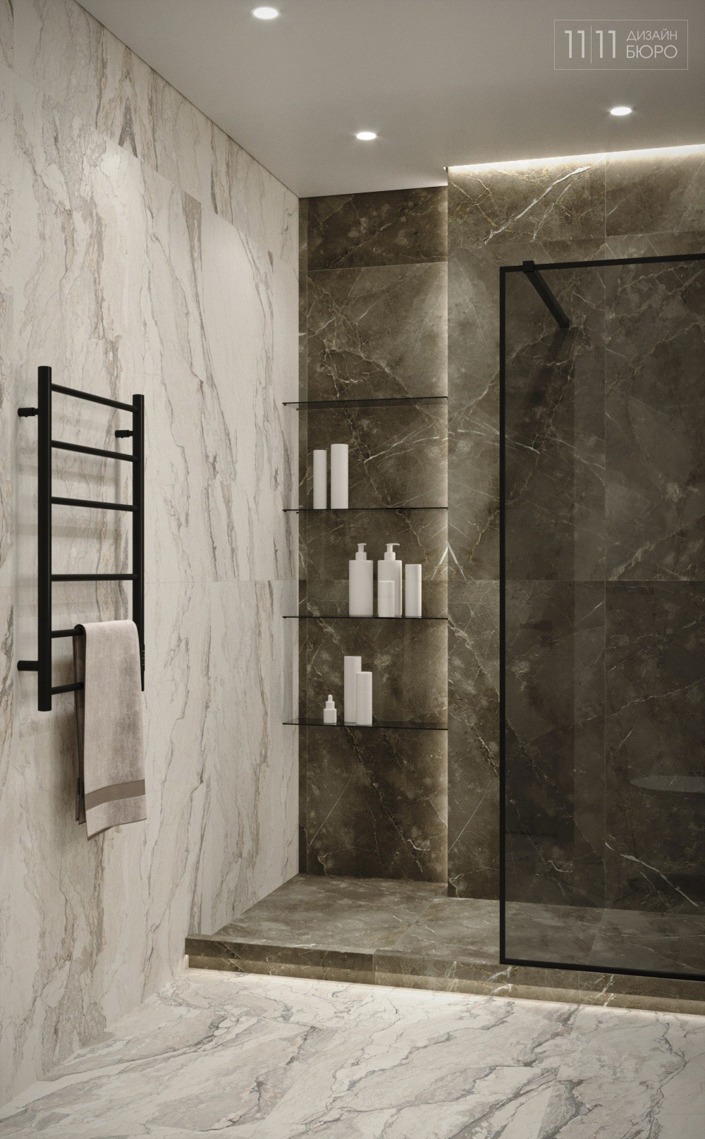 Интерьер санузла с темной душевой, подсветки в ванной