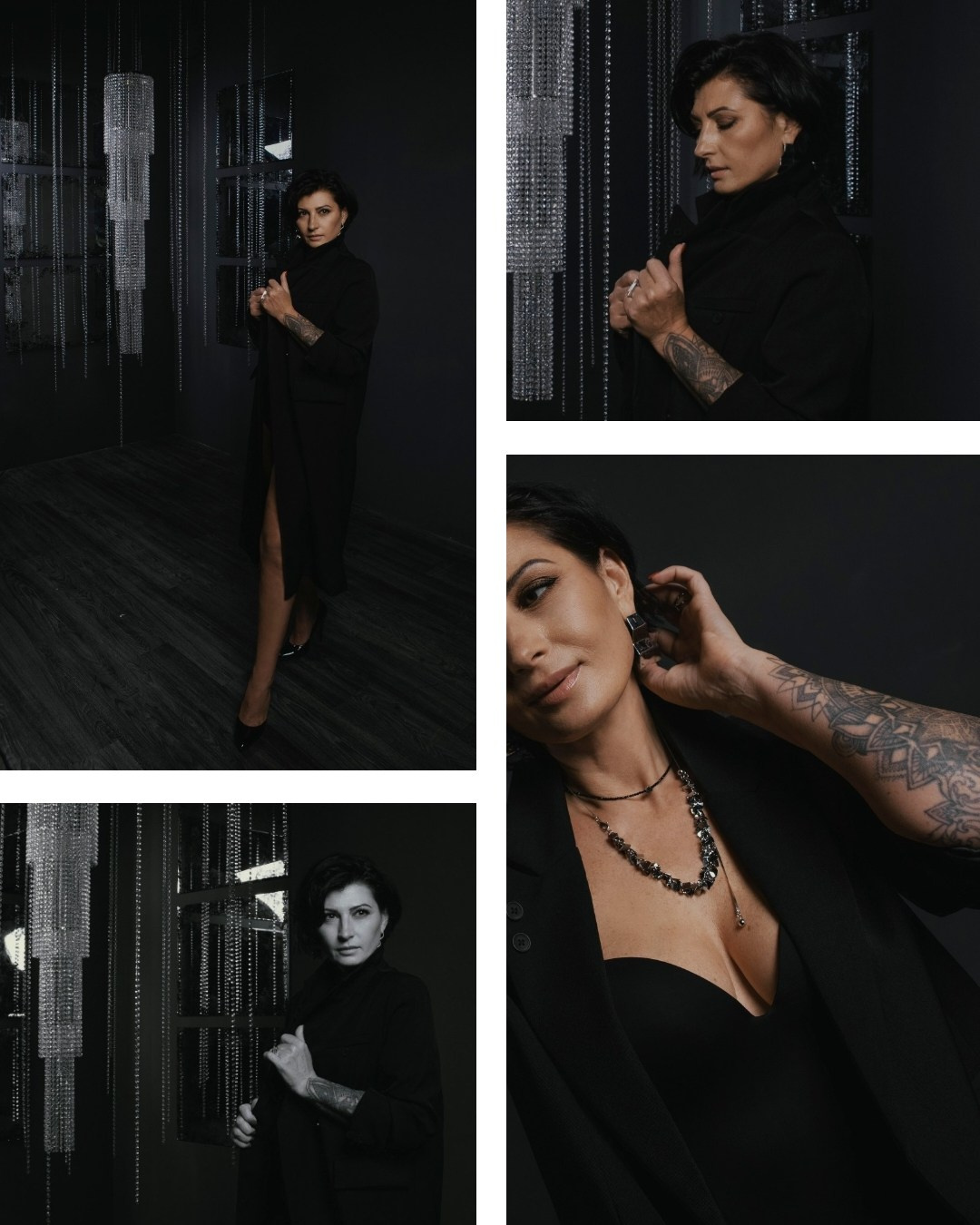 женская фотосессия в черном боди и пиджаке