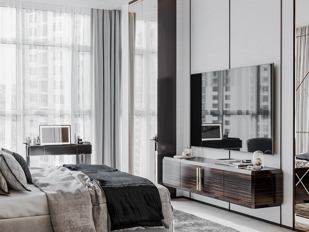 Светлая спальня с панорамными окнами и туалетным столиком у окна | Валерия Котович