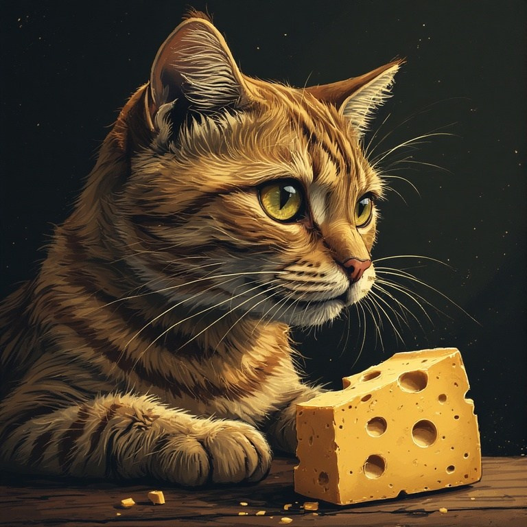 Creative illustration of a cat with a piece of cheese – detailed drawing of a ginger cat with golden eyes on a dark background.
