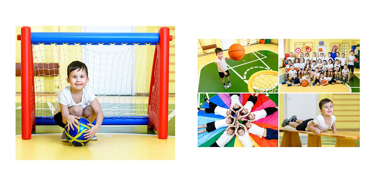 Коллажный разворот детского сада: набор кадров из спортивного зала.