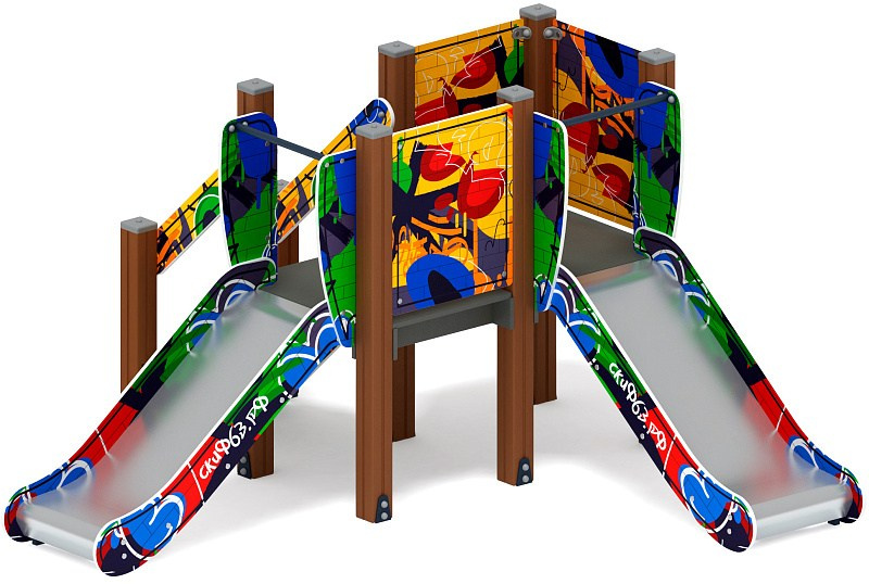Горка двойная Малыш (Граффити) - ИО 41.01.02-03 - Н=750 Габариты (ШхДхВ): 2670x2690x1500 Зона безопасности, мм: 6190х6170  Скат горки: H=750 (металлический скат) Возрастные ограничения от 3 до 10 лет