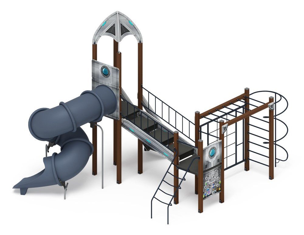 Космопорт (Серый) - ДИК 2.14.09-01 - Игровой комплекс H=2000                                                                                             Габариты (ШхДхВ): 6370x4900x5000                                                                                                                                                                       Зона безопасности, мм: 9370х8100                                                                                                                                                                     Скат горки: H=2000 (тоннельный винтовой скат)                                                                                                                                        Возрастные ограничения от 5 до 12 лет