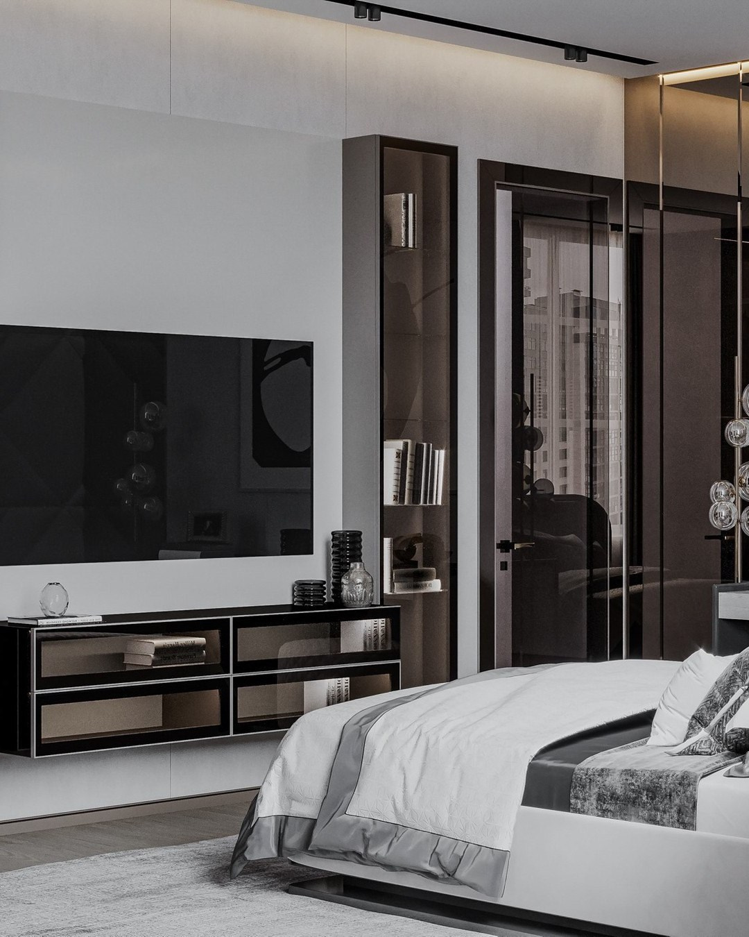 Современная спальня с телевизором и чёрными деталями мебели | Проект Валерии Котович
