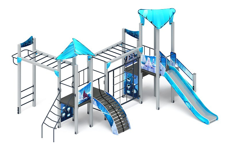 Волшебный город (Снежная королева) - ДИК 2.19.01-02 - Игровой комплекс Н=1500                                                                      Габариты (ШхДхВ): 6900x7380x4070                                                                                                                                                                    Зона безопасности, мм: 10380х10400                                                                                                                                                                     Скат горки: H=1500 (металлический скат)