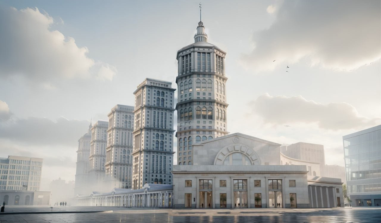 Улучшенная визуализация комплекса в классическом стиле с каскадом башен и центральным зданием 