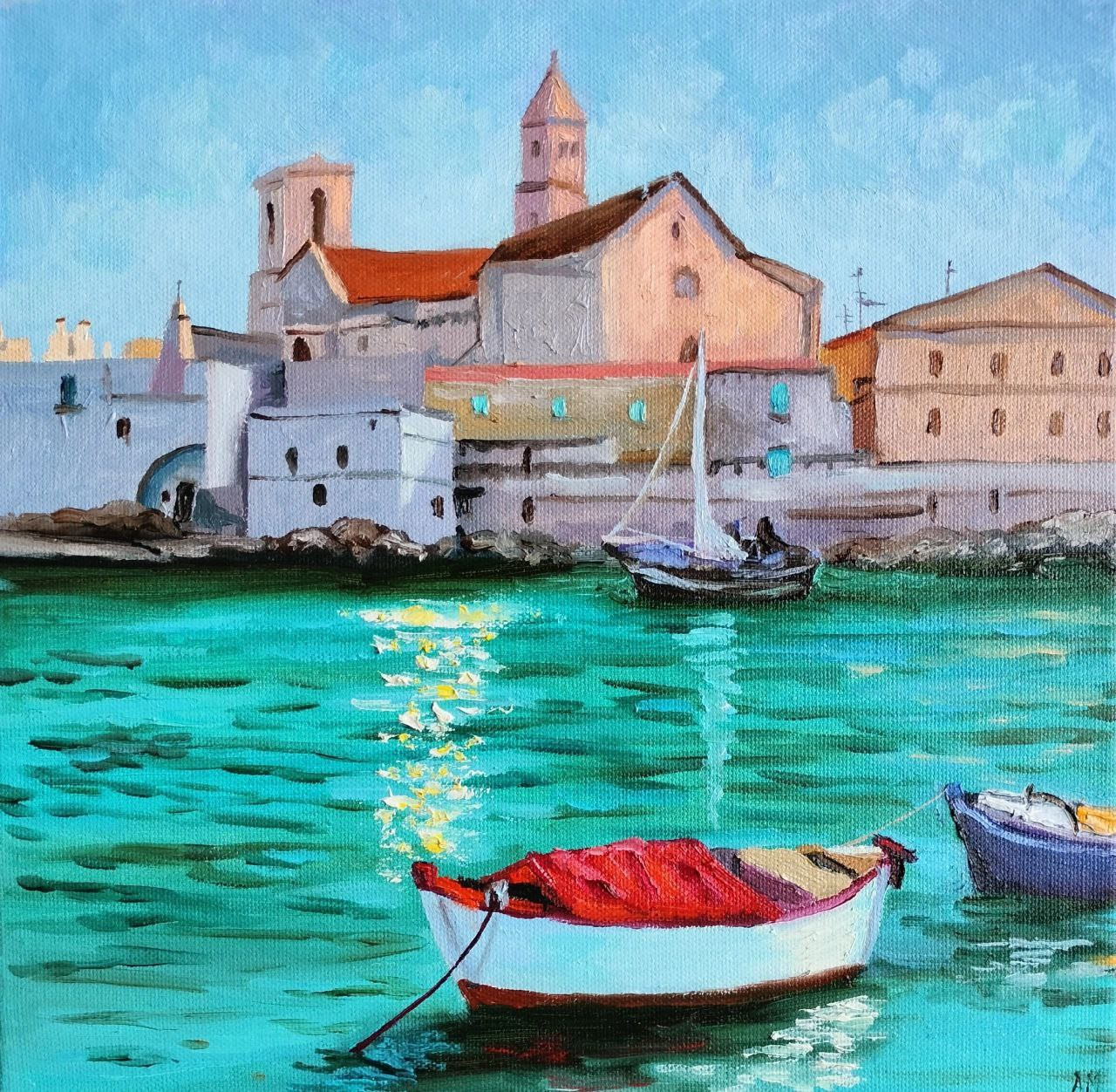 Морской пейзаж с лодкой. красивые картины для квартиры недорого