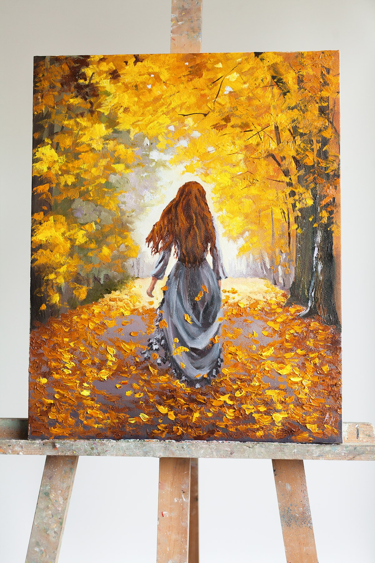 купить картину маслом на холсте девушка в осеннем пейзаже