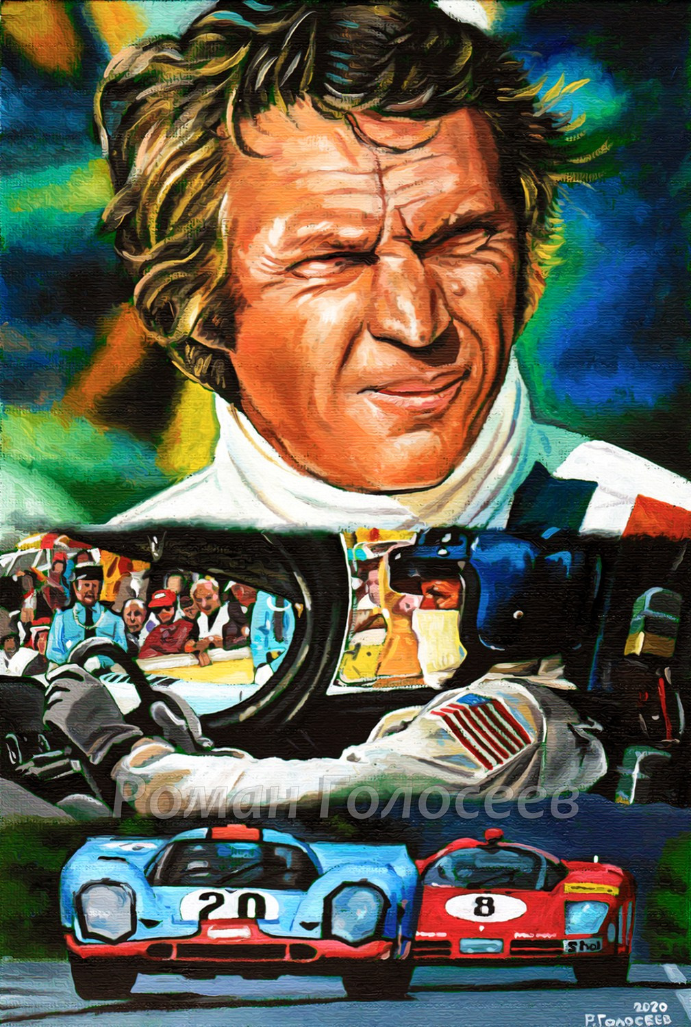 "Стив МакКуин, Ле-Ман 1970", 30х20, холст с картон, масло, 03.05.2020