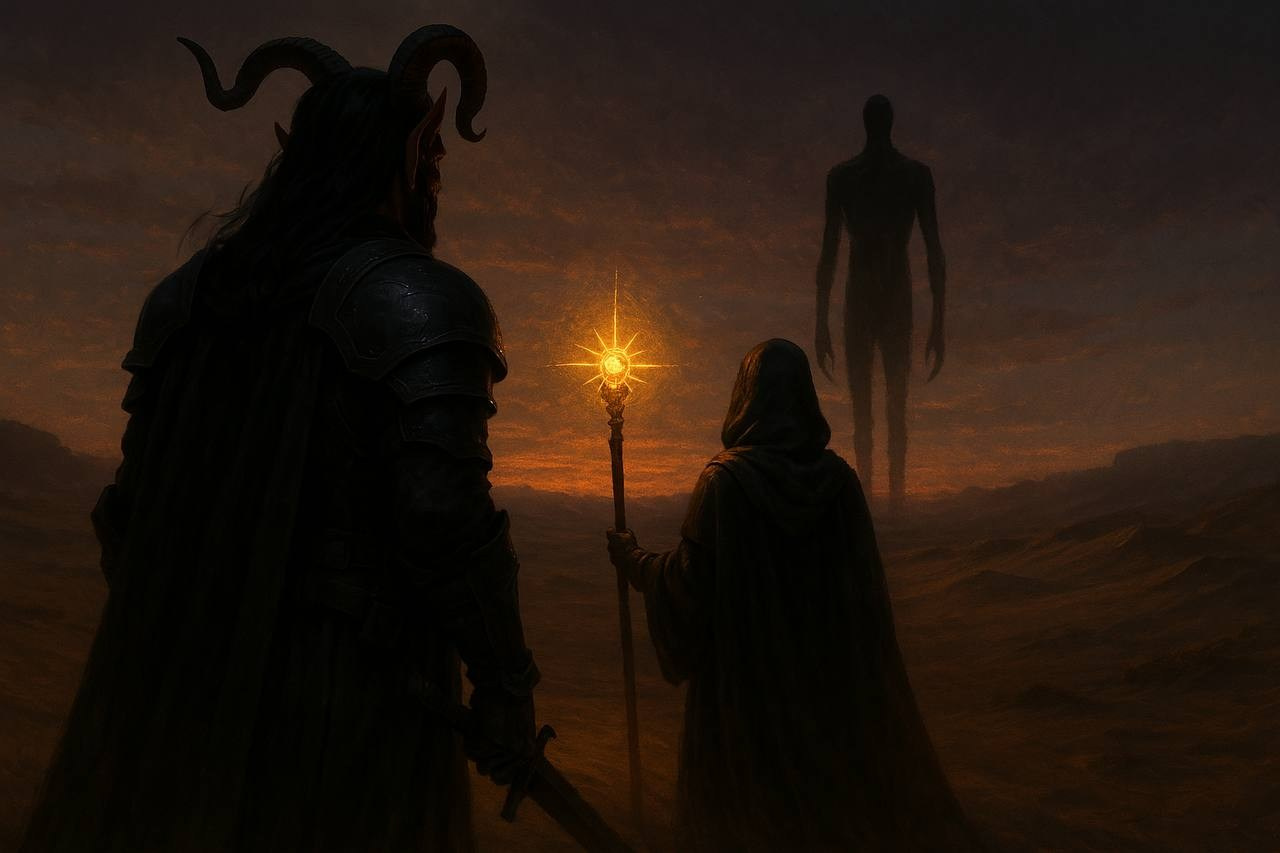 Фэнтезийная сцена: воин с рогами и маг, стоящие перед гигантской теневой фигурой.