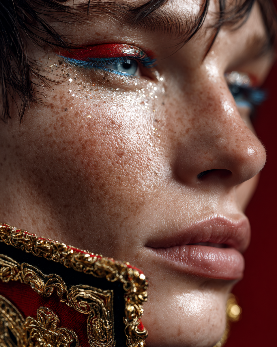 AI fashion портрет в цирковой эстетике, драматичный свет и золотой грим