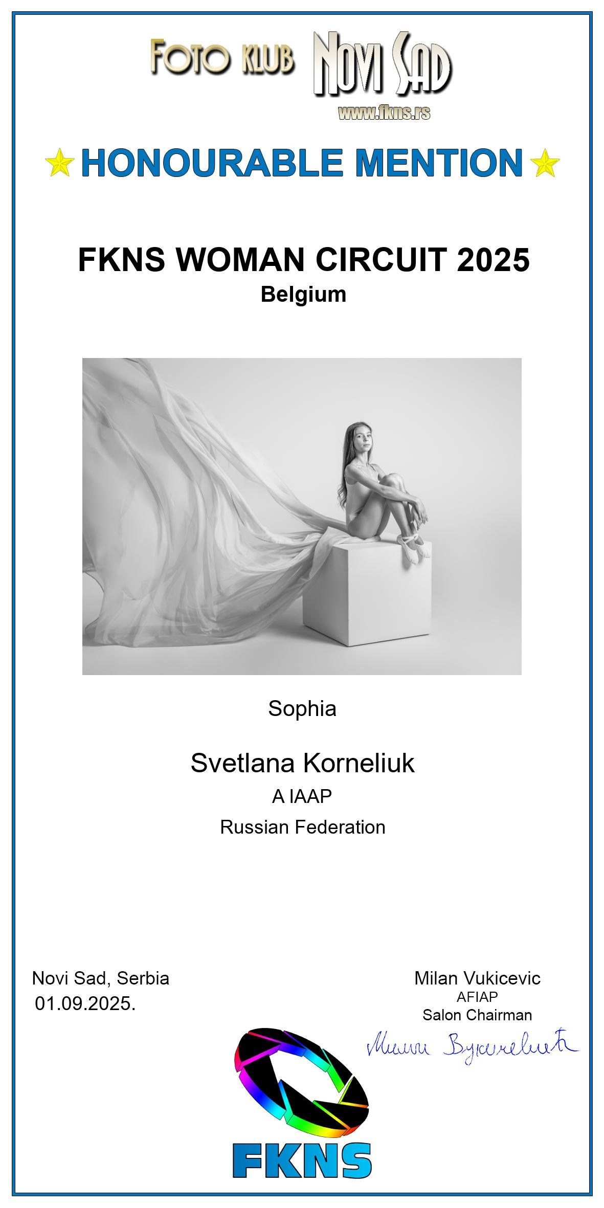 Диплом Honorable Mention -Почетное упоминание в международном конкурсе FKNS WOMAN CIRCUIT 2025