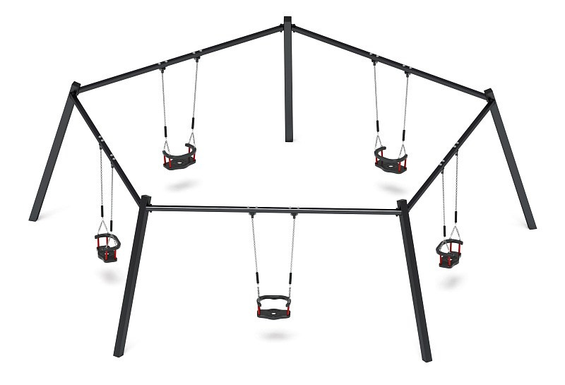 Качели коллективные ИО 15.М.01.01-И1 Габариты (ШхДхВ): 6950х6300х2100 Зона безопасности, мм: 12350х11750 Возрастные ограничения от 3 лет