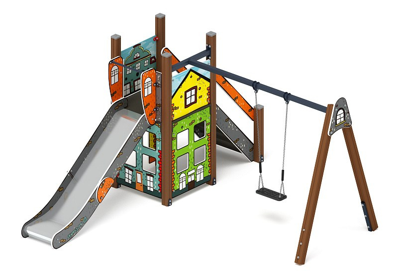 Счастливое детство (Город) - ДИК 2.01.01-01 - Игровой комплекс H=1200                                                                                          Габариты (ШхДхВ): 4080x3830x2500                                                                                                                                                                      Зона безопасности, мм: 8110х5330                                                                                                                                                                     Скат горки: H=1200 (металлический скат)
