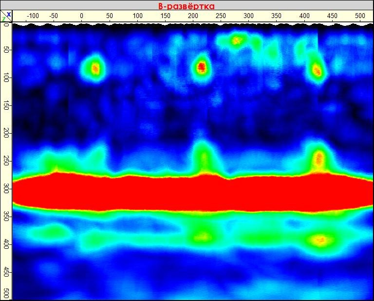 B-томограмма участка железобетонных конструкций стен, выполненных из армоопалубочных блоков с несъемной опалубкой из сталефибробетонных плит,толщиной 30 мм.