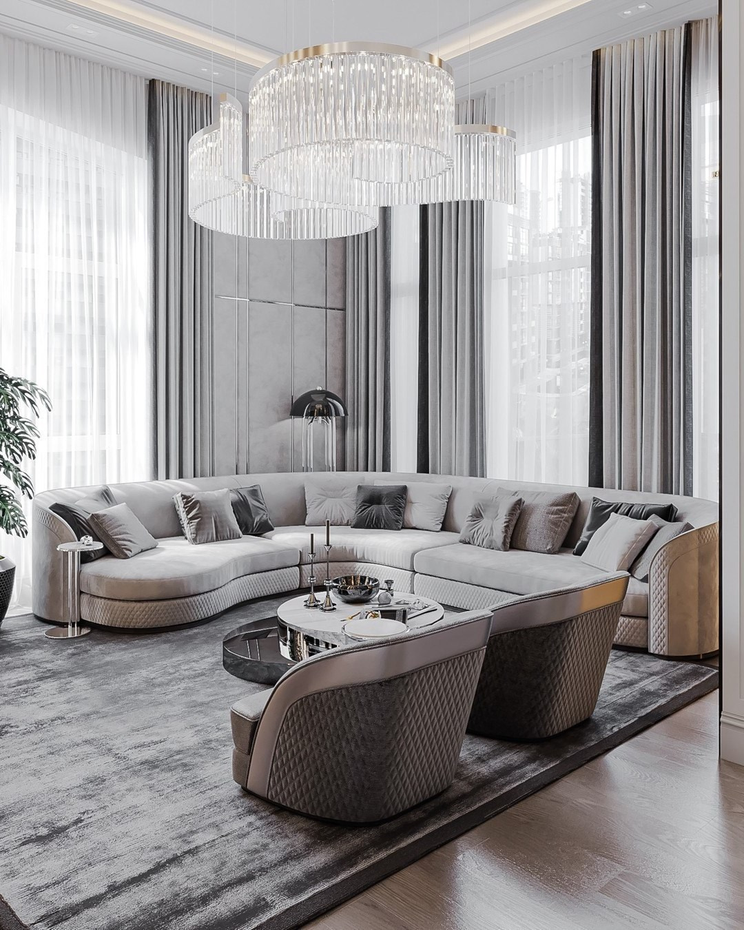Современная гостиная с угловым диваном и хрустальными люстрами — дизайн Валерии Котович