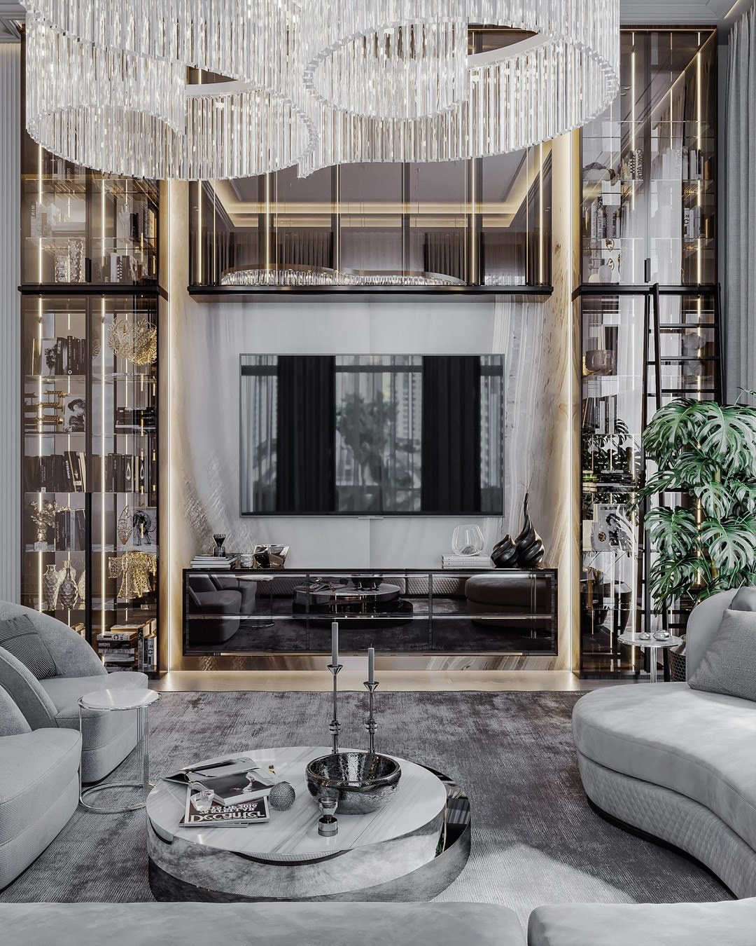 Светлая гостиная с серым диваном и дизайнерскими креслами — современный интерьер Валерии Котович