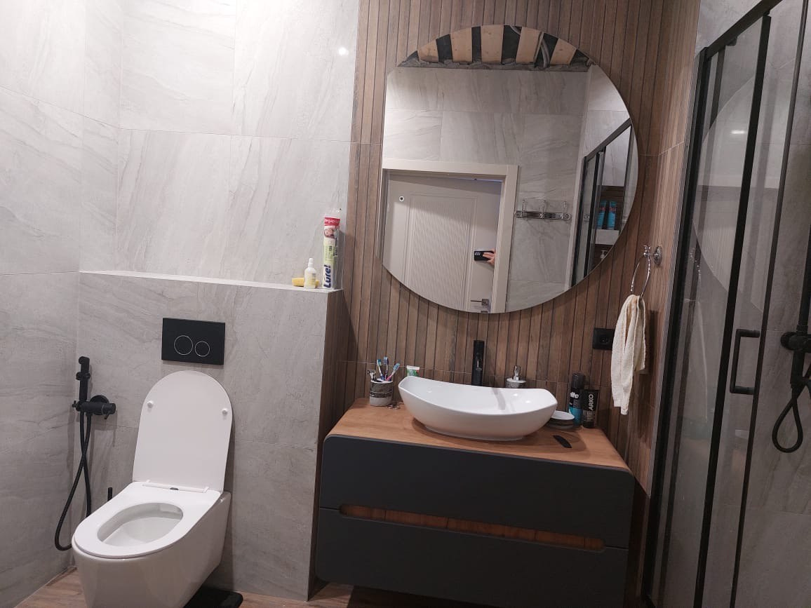 Ванная комната (Высокогорский р-н ТСН Семиозерские сады). Ремонт санузла, туалета, ванной под ключ в Казани. Укладка плитки