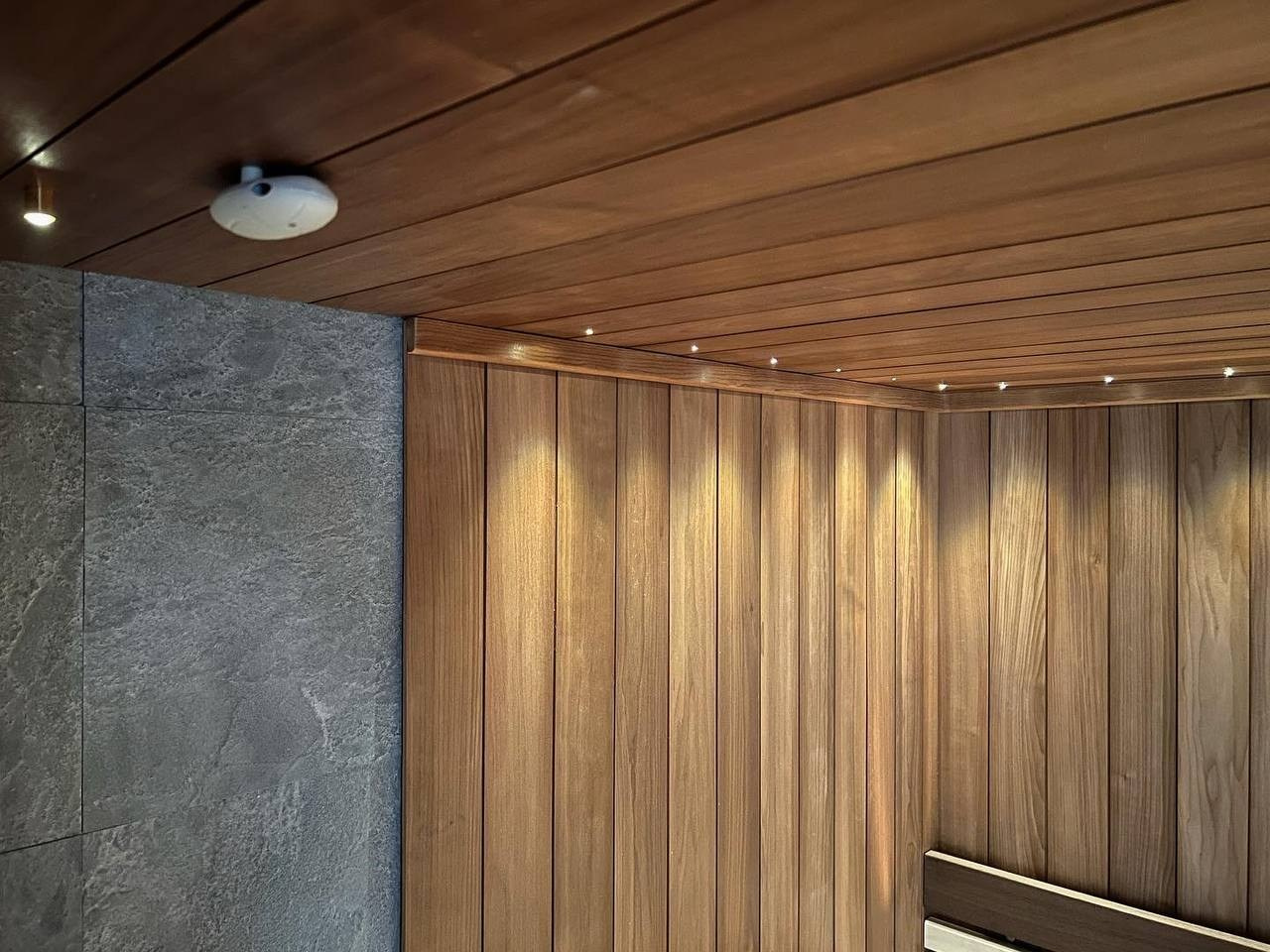 Просторная сауна в Киришах: термоосина, абаши, термоабаши, разные сценарии освещения и панорамная входная группа. SaunaTopMasters