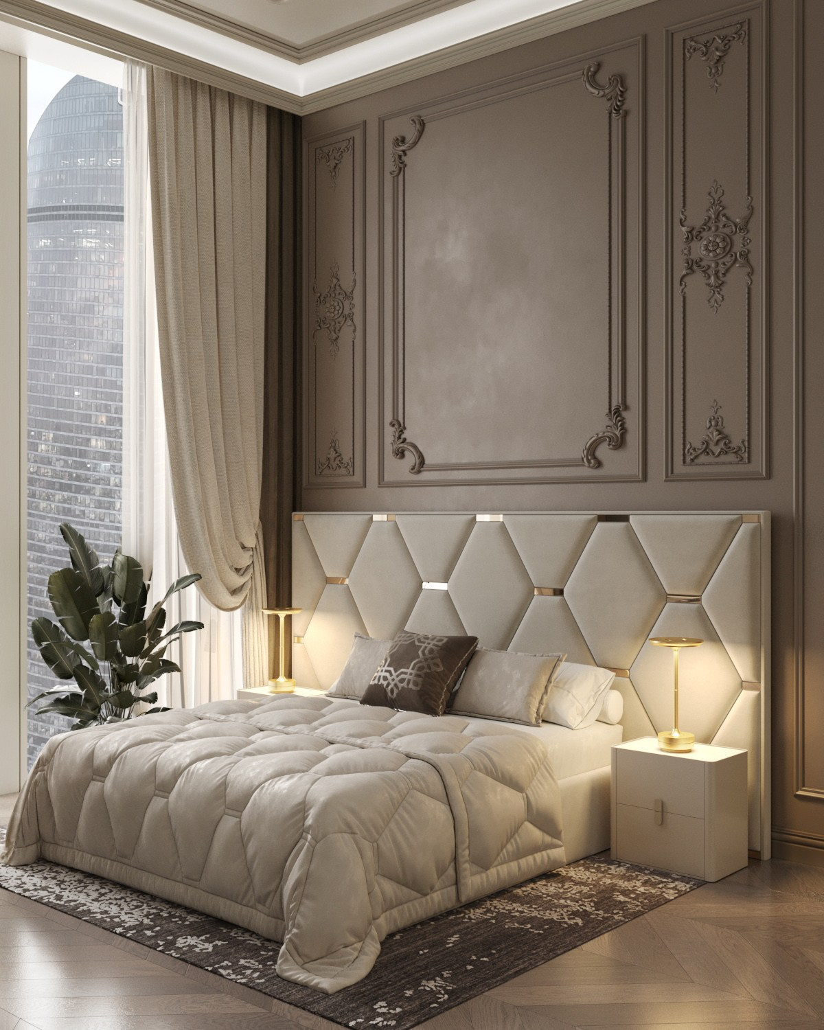 Спальня с большим мягким изголовьем кровати, декоративными стеновыми панелями и прикроватными тумбами