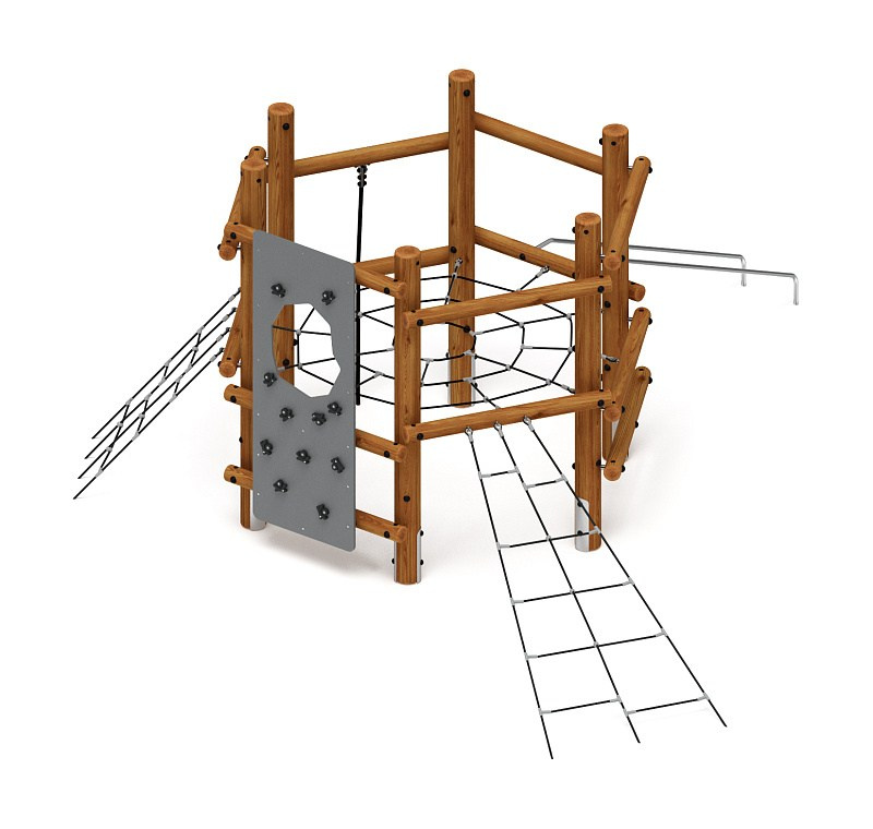 Спортивная серия (лиственница темный) СК 2.08.07-Л.И1.01 Габариты (ШхДхВ): 6100х5700х2800 Зона безопасности, мм: 9100х8700 Возрастные ограничения от 5 до 12 лет