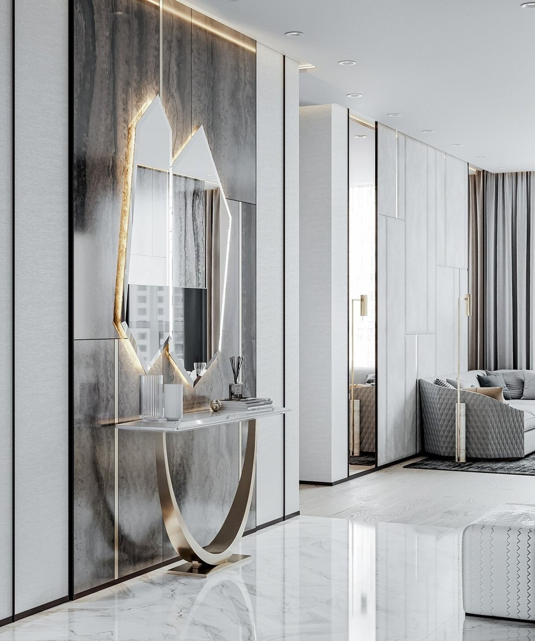 Современная прихожая с зеркалом и консолью в золотом основании | Валерия Котович