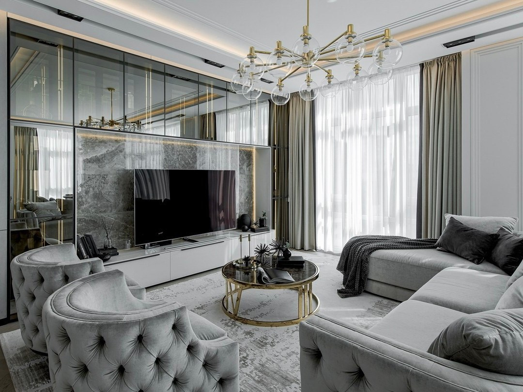Современная гостиная с мраморной отделкой и зеркалами | Валерия Котович