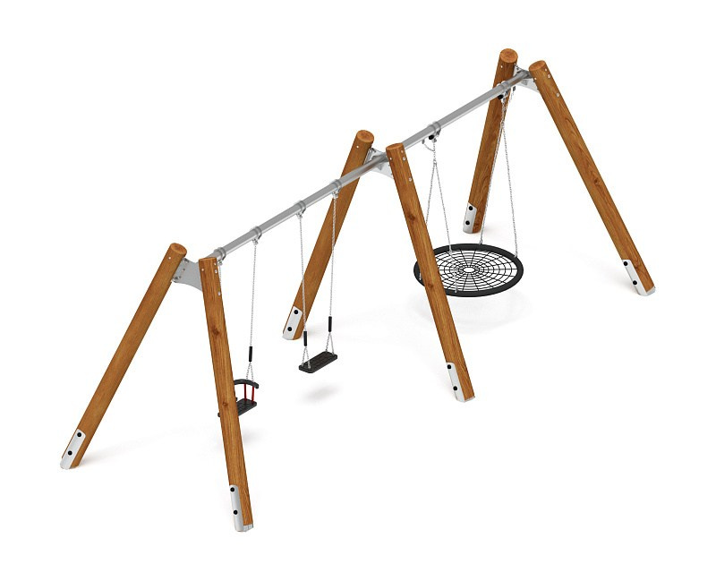 Качели (Лиственница темный) ИО 13.Р.05.01.03.01-Л.И2.01 Габариты (ШхДхВ): 6600х2250х2470 Зона безопасности, мм: 6600х7500 Возрастные ограничения от 3 лет