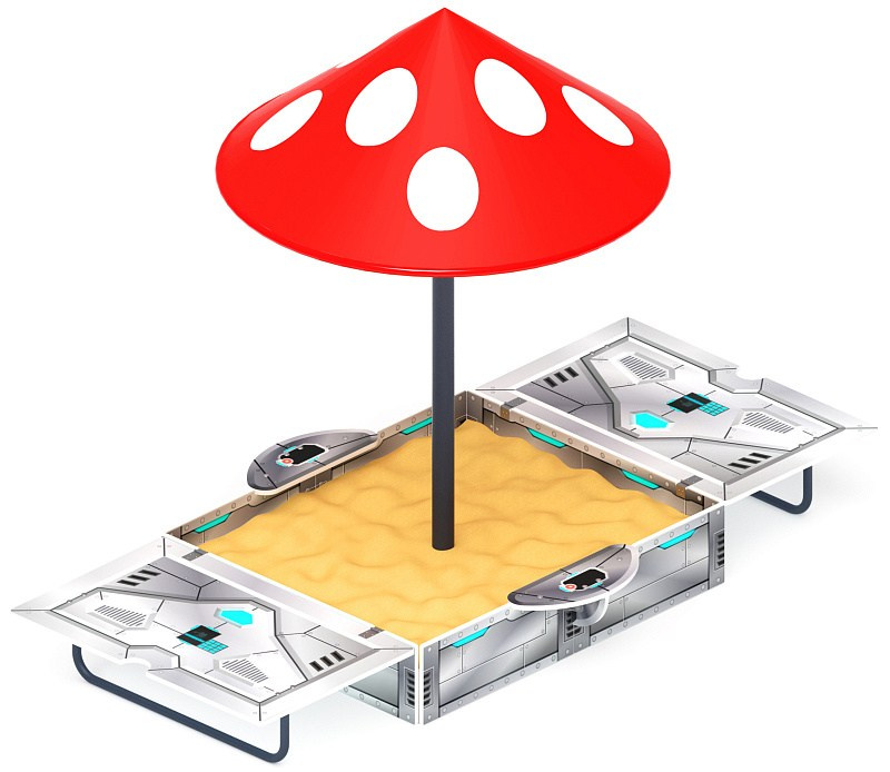 Песочница с крышкой средняя и навесом Грибок (Техно) - ИО 5.01.10-09 Габариты (ШхДхВ): в закрытом виде 1500х1500х2100 в открытом виде 2990х1500х2100 Зона безопасности, мм: 3990х2500