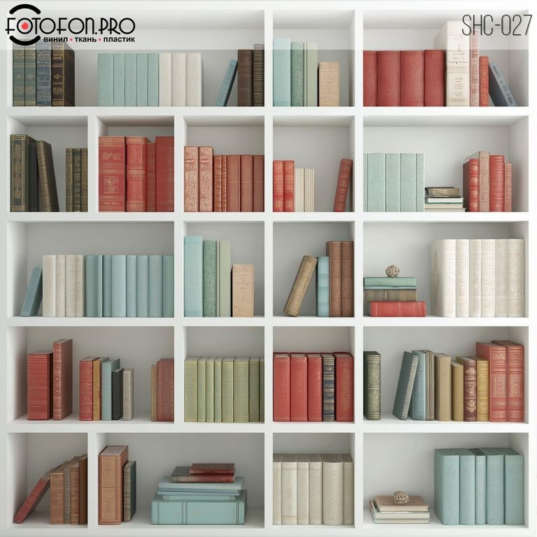Фон стена "Белые полки с книгами" 1,5х1,5 м
