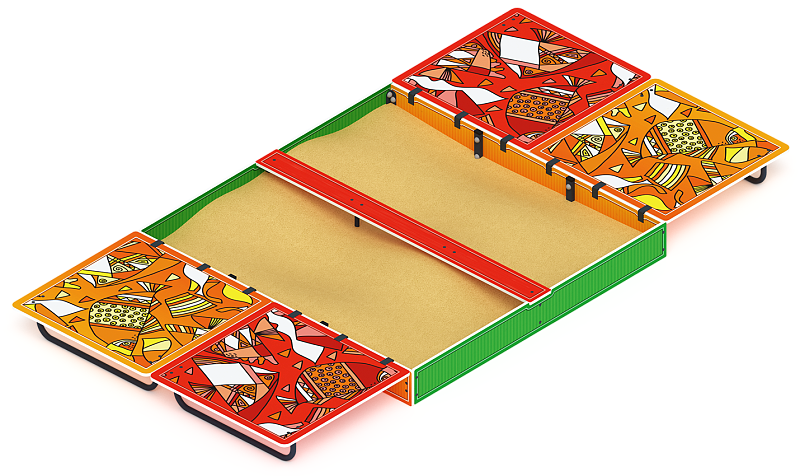 Песочница с крышкой большая (Рыбы) - ИО 5.01.14-01 Габариты (ШхДхВ): в закрытом виде 2000х2000х443 в открытом виде 3960х2000х220 Зона безопасности, мм: 4960х3000