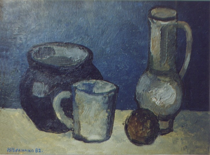 «Натюрморт с синим фоном» 1982 год Собр. А.Зарипова. Москва. Художник Величко Вадим Семёнович
