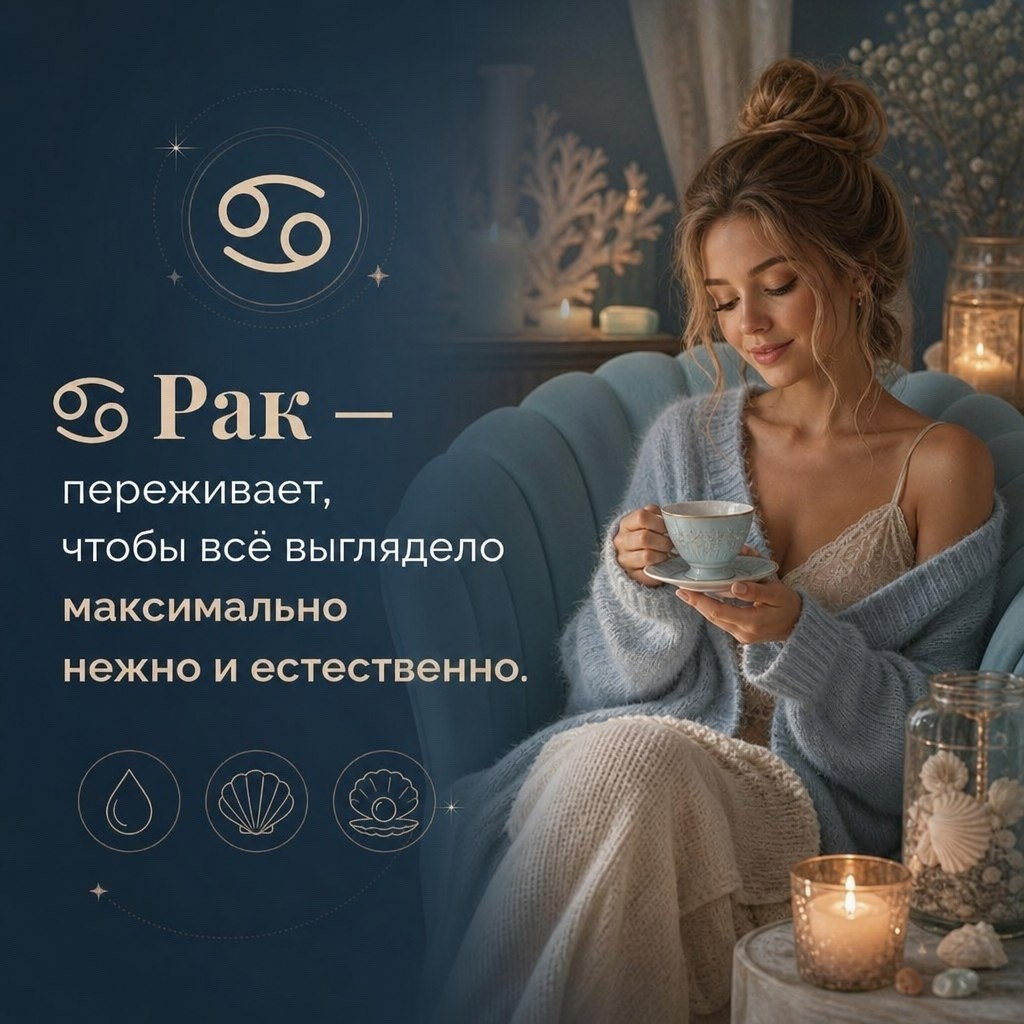 Рак с чашкой чая в уютной атмосфере — иллюстрация для статьи о знаках зодиака и моментальном загаре BRONZA. Рак — переживает, чтобы всё выглядело максимально нежно и естественно. Спокойный образ о любви к деликатному результату и гармонии в деталях. Рак — выбирает моментальный загар с деликатным, мягким эффектом: ровный оттенок без резких переходов, чтобы результат выглядел максимально нежно и естественно
