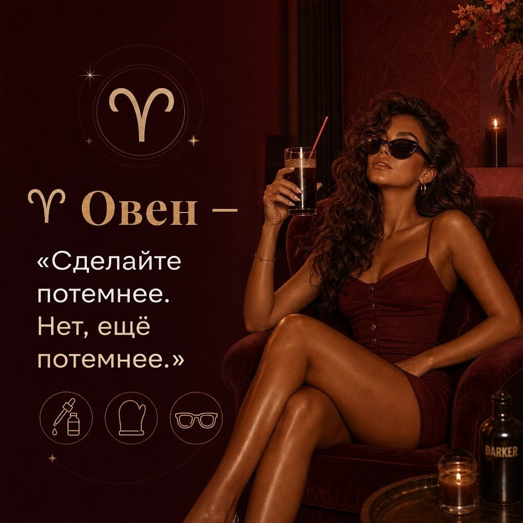 Овен с насыщенным бронзовым загаром — иллюстрация для статьи о знаках зодиака и моментальном загаре BRONZA. Овен — «Сделайте потемнее. Нет, ещё потемнее». Яркий образ для тех, кто любит насыщенный бронзовый оттенок и не боится быть заметной.