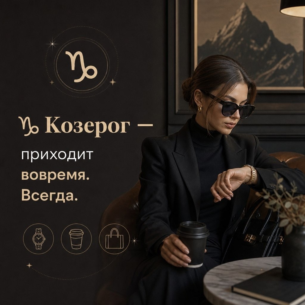 Козерог перед процедурой моментального загара — иллюстрация для статьи о знаках зодиака и моментальном загаре BRONZA. Козерог — приходит на моментальный загар точно ко времени и выбирает аккуратный, ухоженный результат без лишней суеты