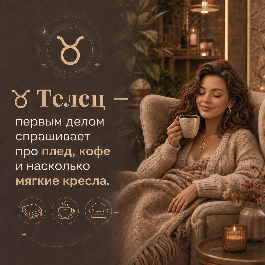 Телец в уютной атмосфере с чашкой кофе — иллюстрация для статьи о знаках зодиака и моментальном загаре BRONZA. Телец — ценитель комфорта: мягкий плед, чашка кофе и уютная атмосфера важны не меньше самого результата.
